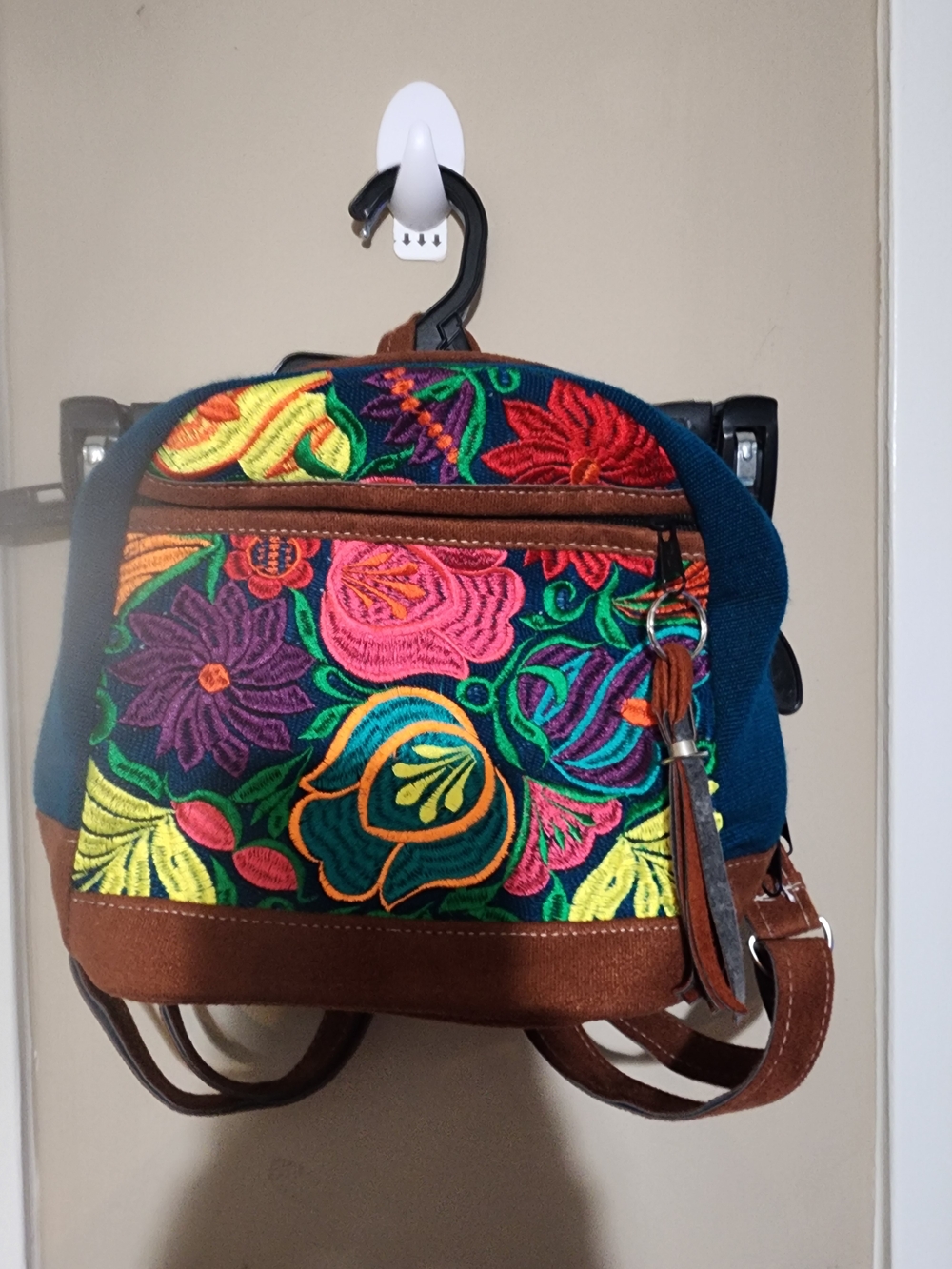 Embroidered Floral Bagpack with Brown Trim - Multicolor